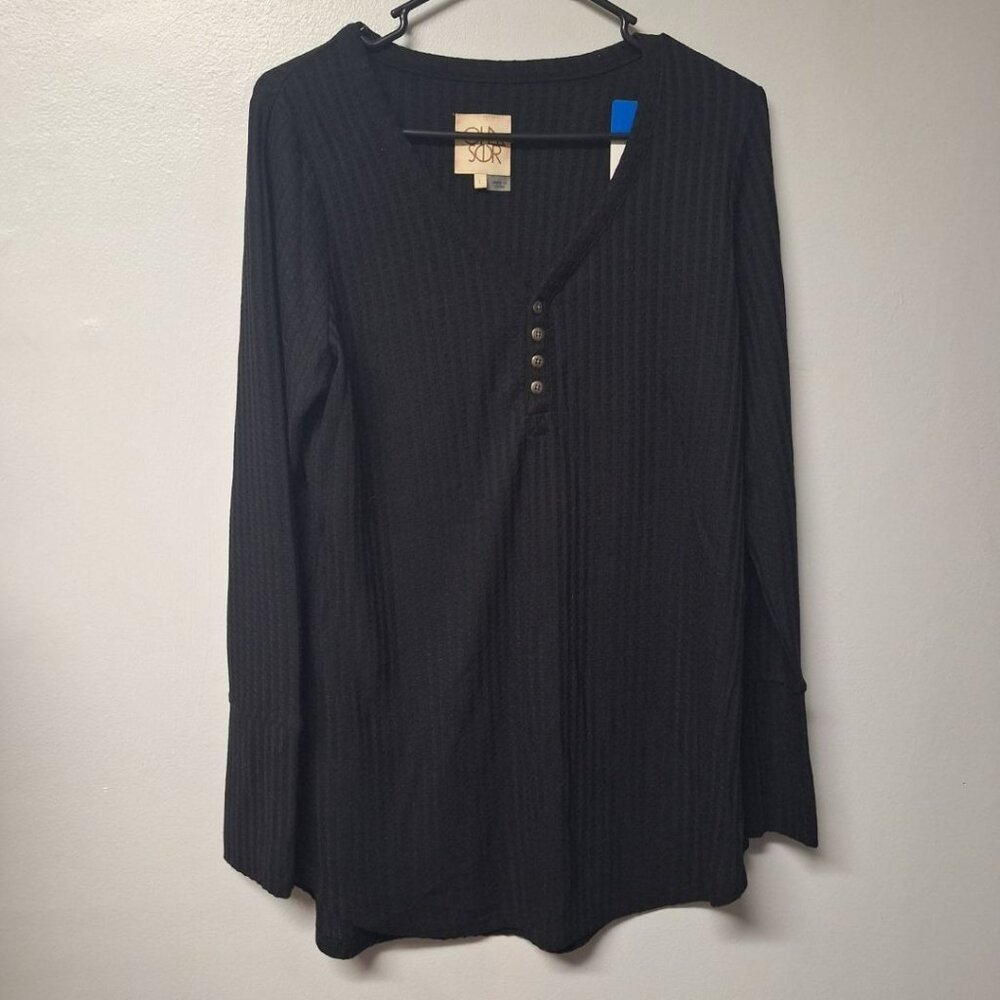 Chaser Waffle Shirt Layers Buttons Black Long Sleeve Womens Large
